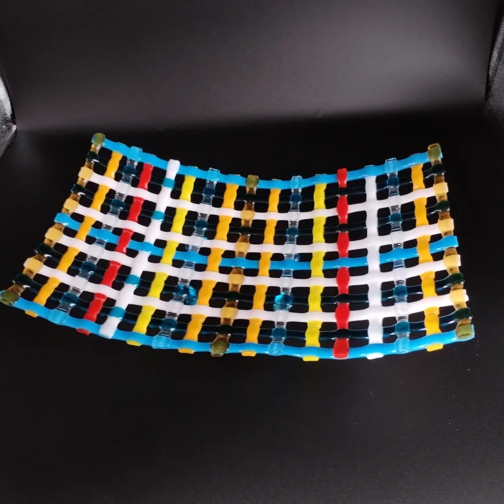 Vintage Fused Art Glass Lattice Tray Woven Grid Bowl Platter Colorful Blue Feet